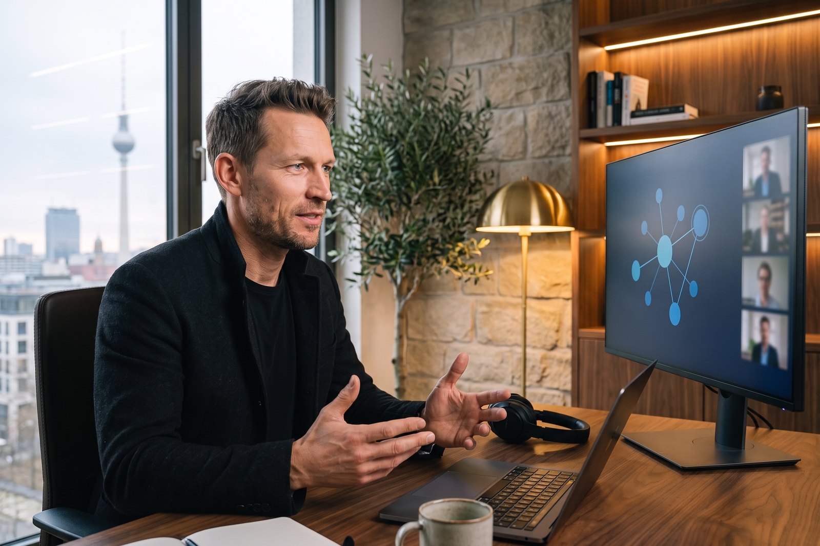 Symbolic image (AI-generated): a Navigator consulting via video call