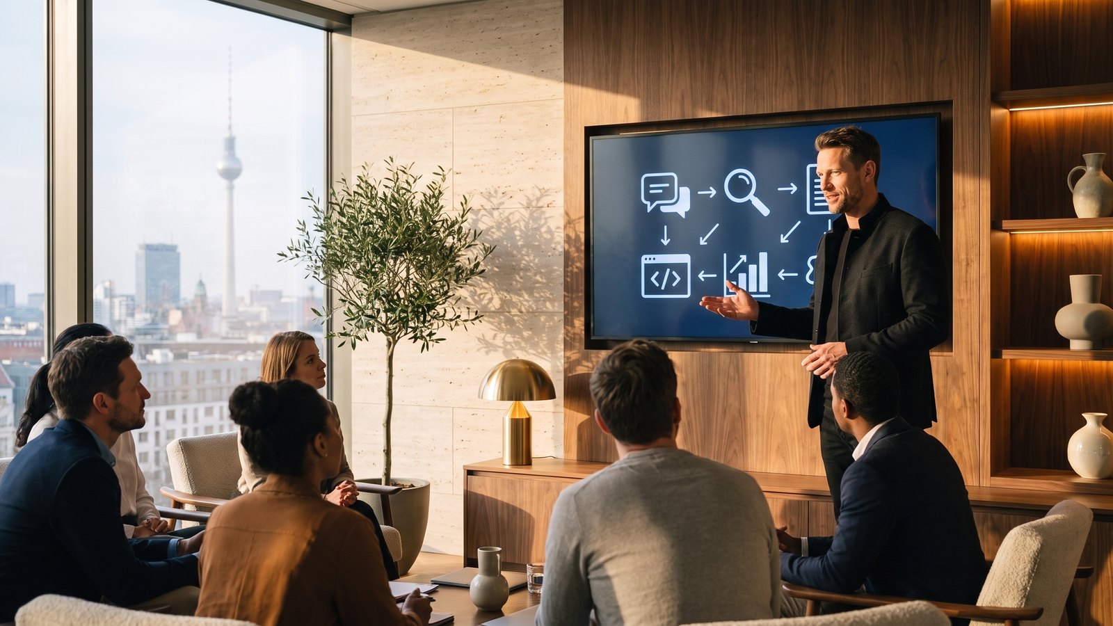 Symbolic image (AI-generated): a Navigator explaining an AI workflow to a team