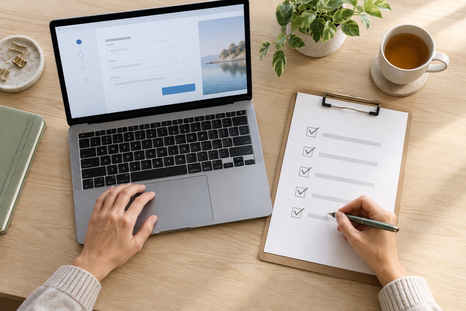 Laptop with questionnaire and ticked checklist
